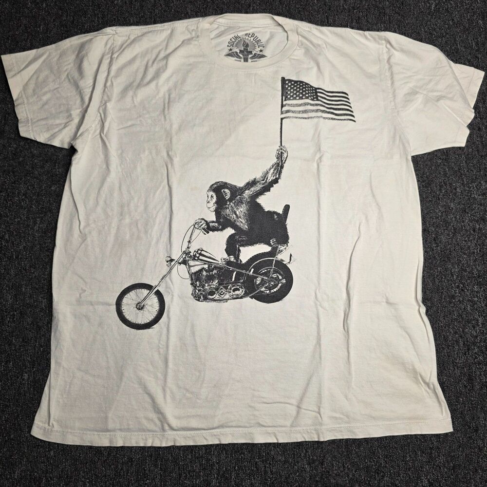 Social Republic Men XXL White T Shirt Motorcycle Monkey USA Flag Graphic Tee